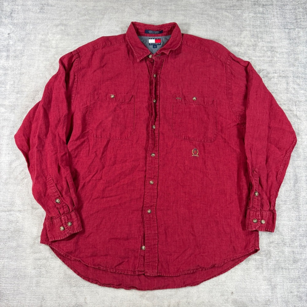Vintage Tommy Hilfiger Shirt Mens Large Red 90s Linen Button Down Crest Logo